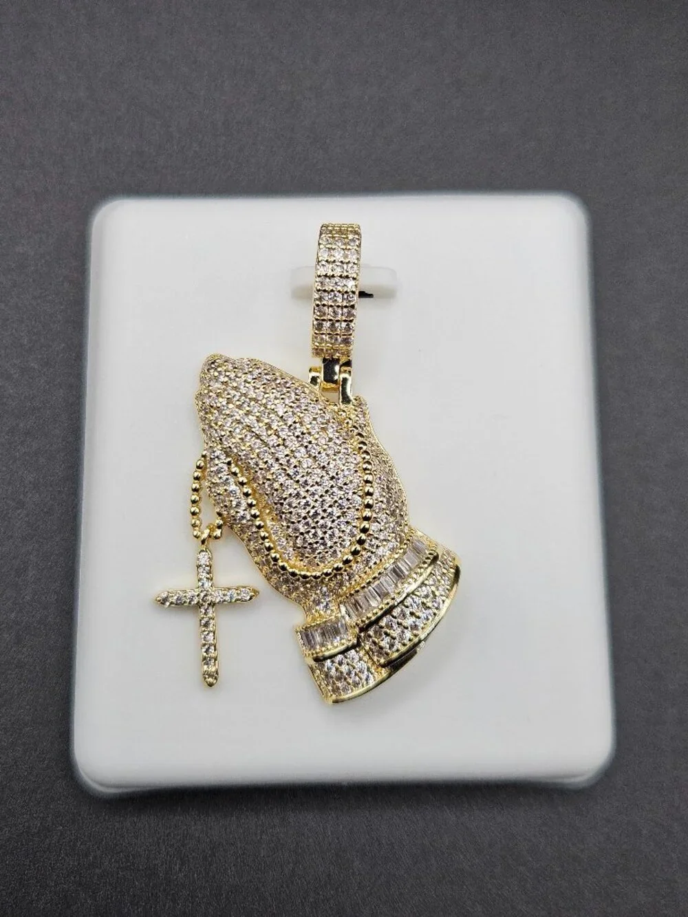 Gold Filled Iced Praying Hands Rosary Pendant CZ